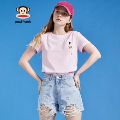 Paul Frank/大嘴猴 夏季T恤女時(shí)尚簡(jiǎn)約刺繡ins風(fēng)潮流上衣 PFCTE212824W 淺粉 M